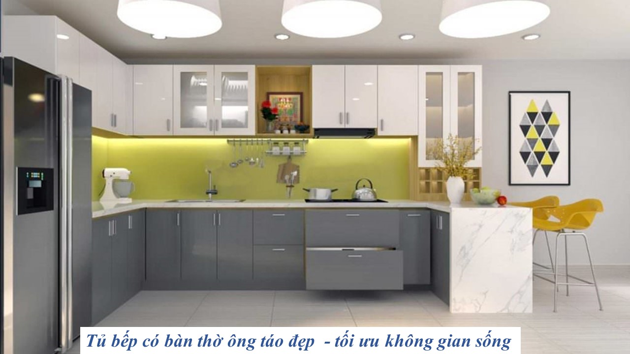 tủ bếp có bàn thờ ông táo đẹp hiện đại